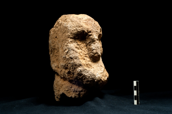 Limestone head from Göbekli Tepe, supposedly part of a sculpture similar to ‘Urfa Man’ (Photo: N. Becker, DAI).